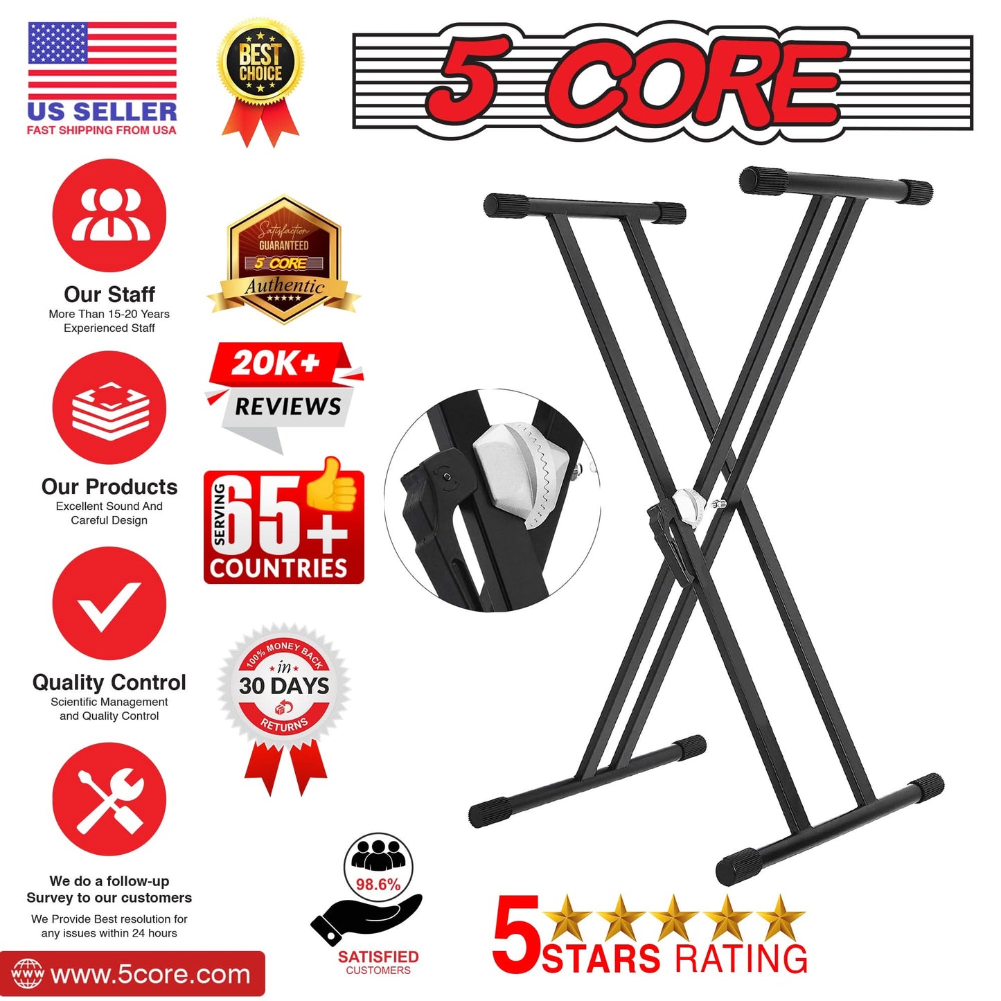 5Core Keyboard Stand Double X Style Adjustable Piano Riser For 49 To
