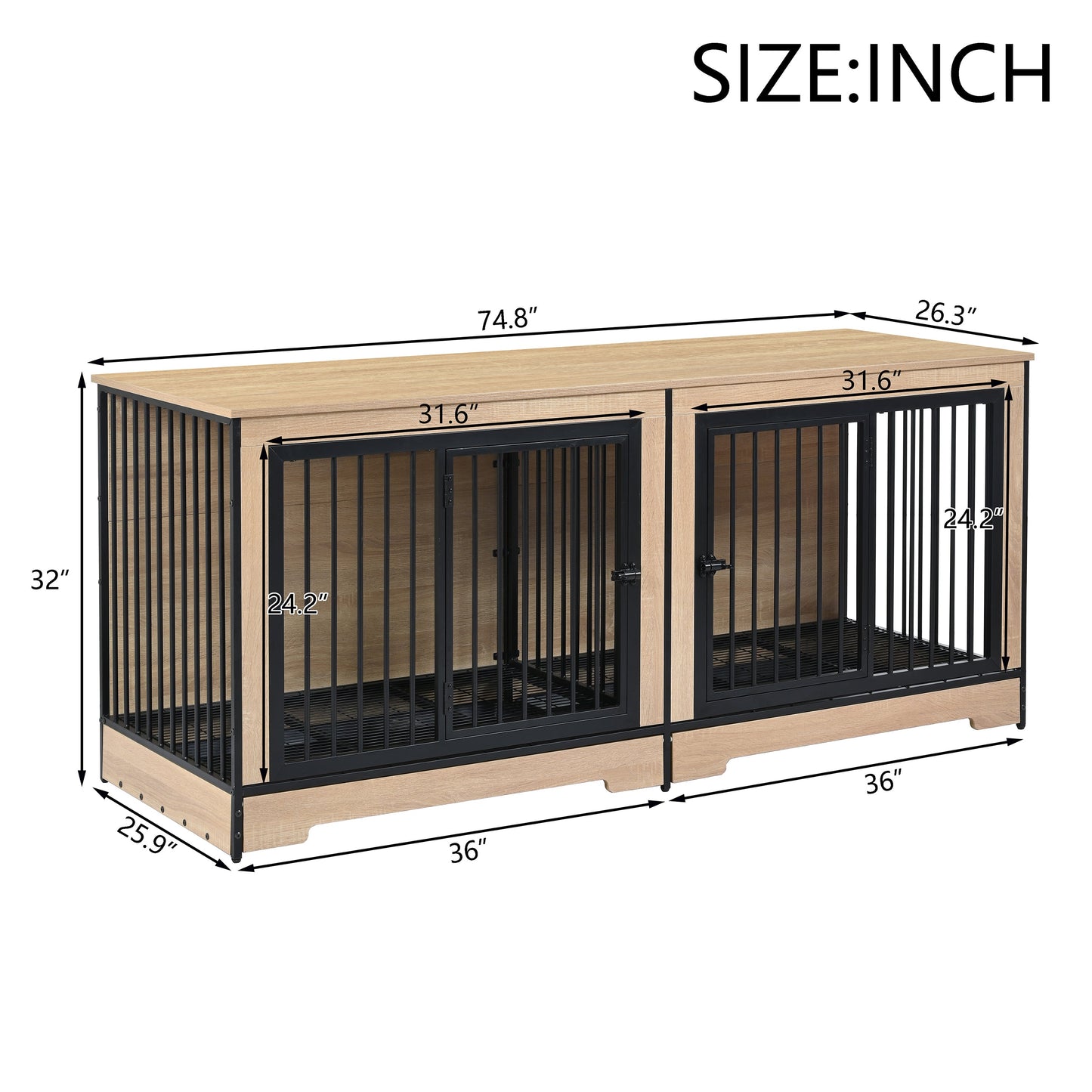XL Double Dog Crate Furniture – Wooden Dog Kennel with Two