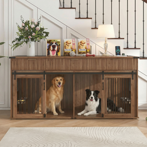 71" Double Dog Crate Furniture with Fluted Drawers – Large Wooden Dog
