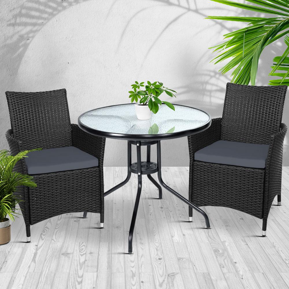 Gardeon 3PC Bistro Set Outdoor Furniture Rattan Table Chairs Cushion