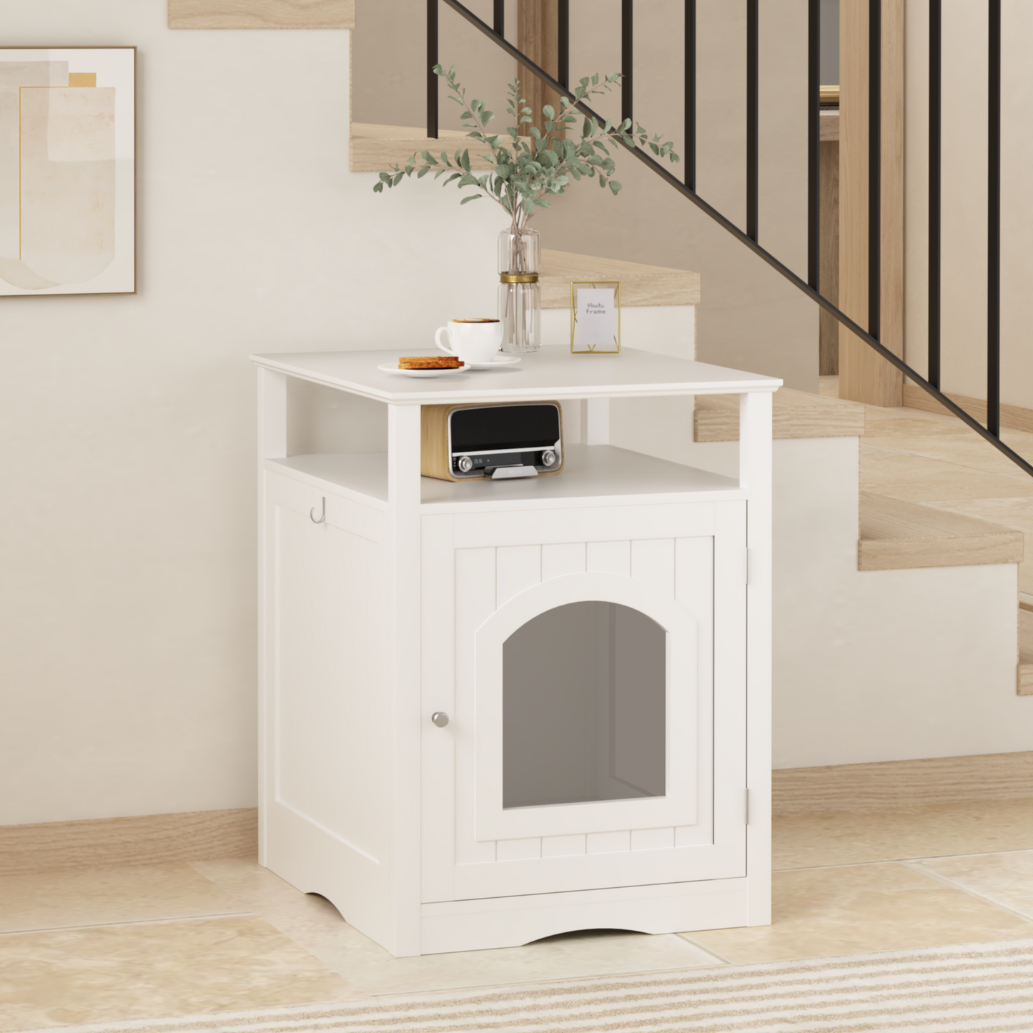 Modern Cat Litter Box Enclosure Furniture – White Wooden Hidden Cat