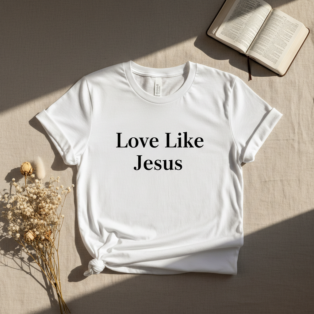Love Like Jesus T-Shirt - Christian Inspirational Tee flat lay on linen with Bible and dried flowers