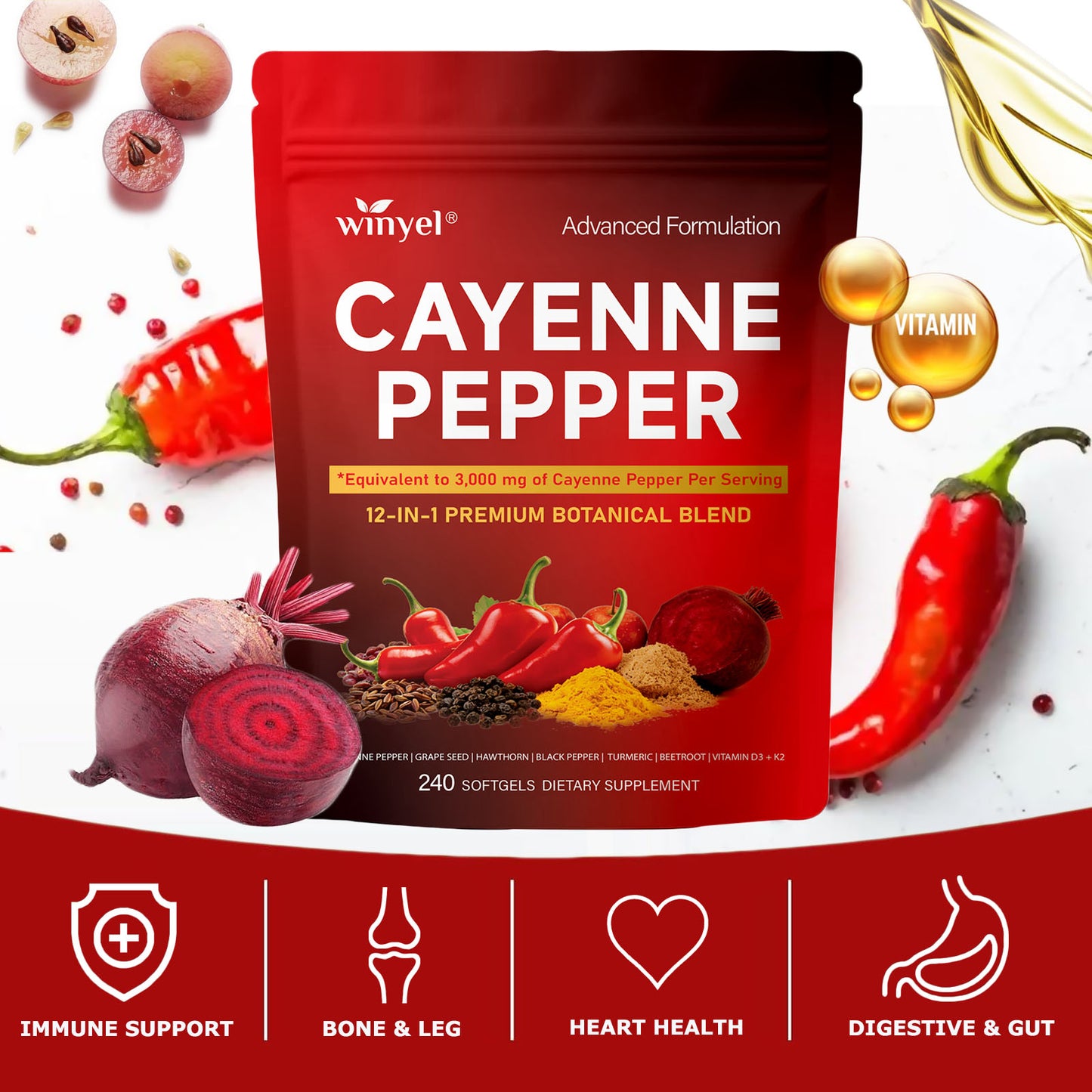 Chili pepper softgel supplement to support leg vein, heart, and