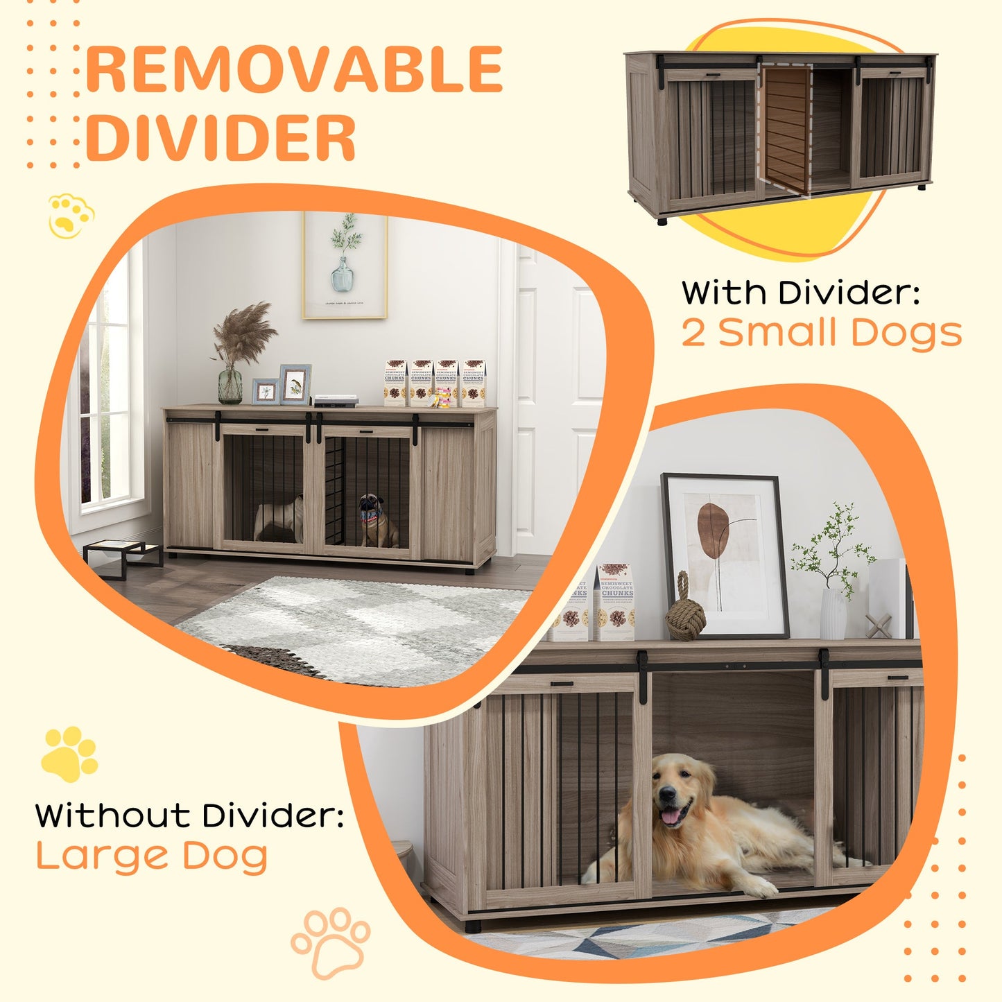 71" Modern Dog Kennel Furniture with Removable Divider, Storage for 2