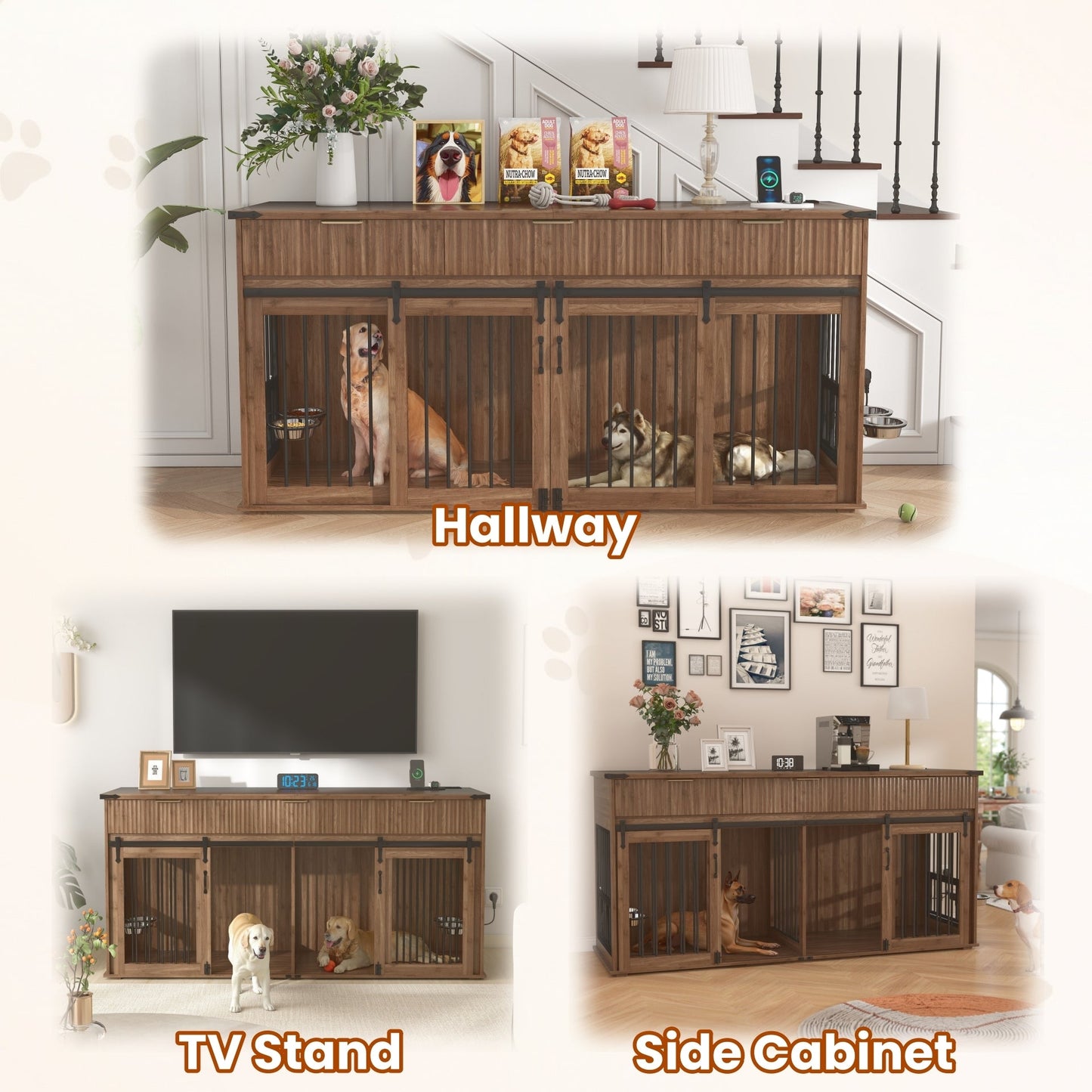 71" Double Dog Crate Furniture with Fluted Drawers – Large Wooden Dog