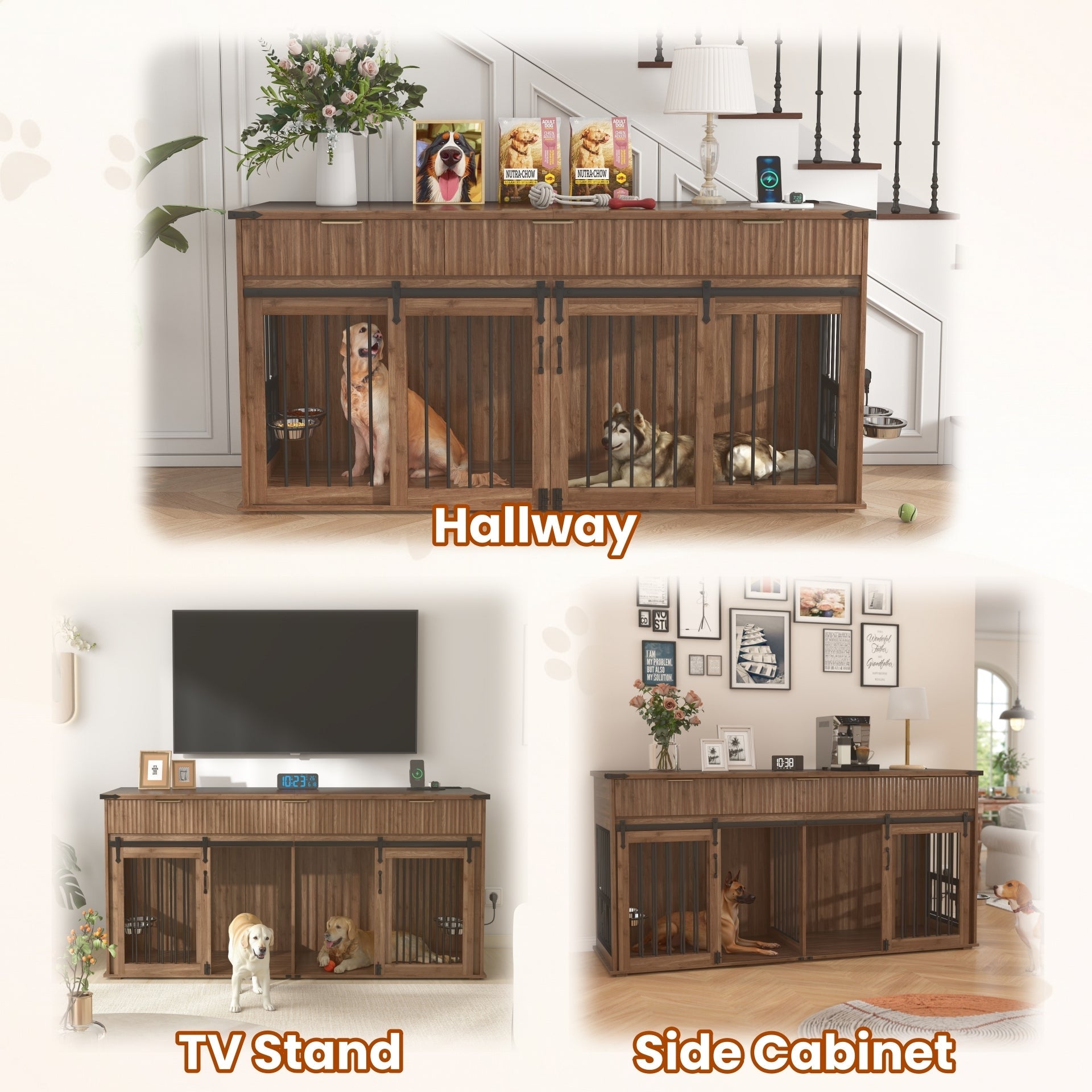 71" Double Dog Crate Furniture with Fluted Drawers – Large Wooden Dog