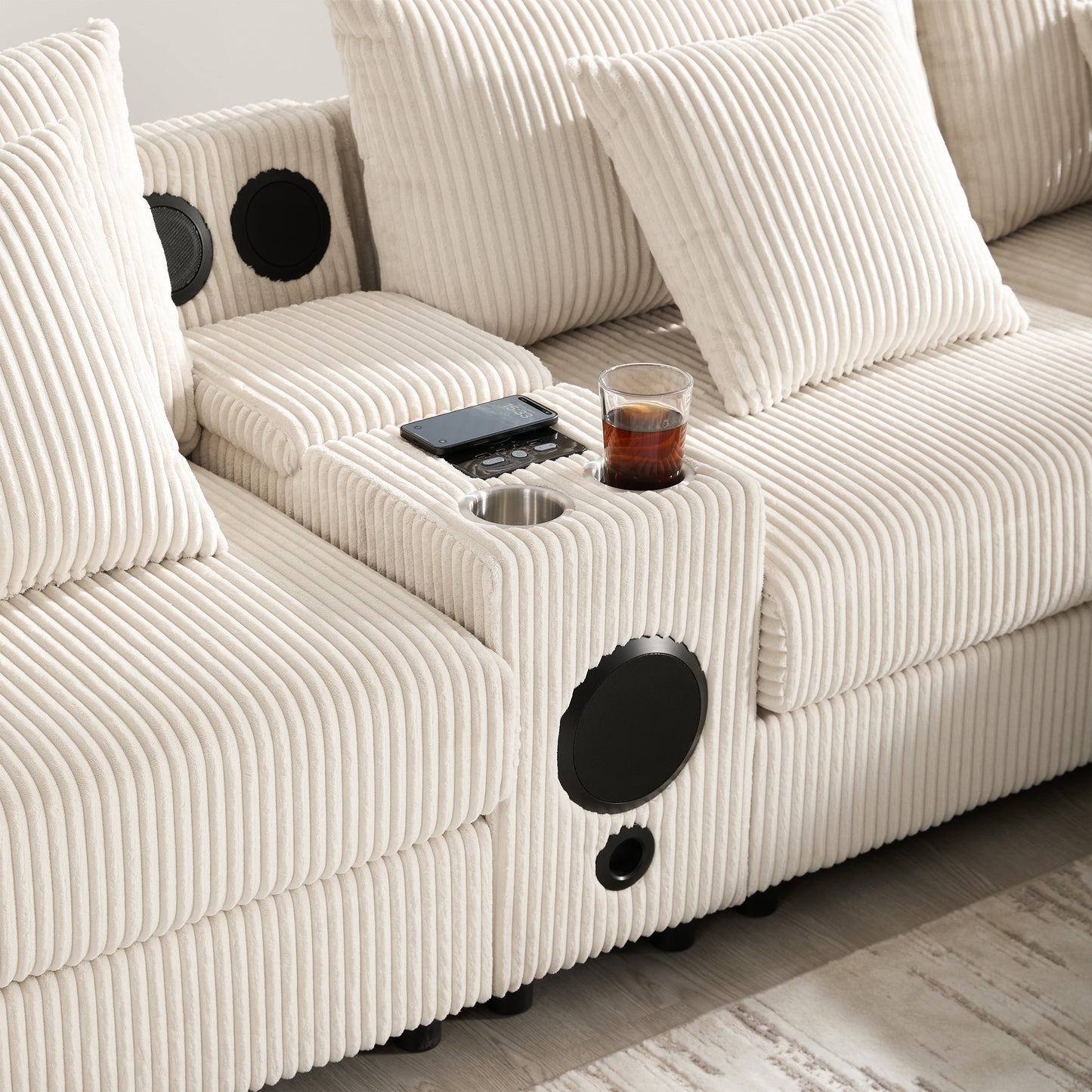[VIDEO]141.5*64'' Corduroy Sectional Sofa with Bluetooth Speakers,