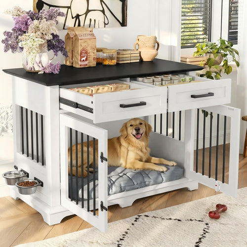 44.48" Wooden Dog Crate Furniture with Storage Drawers and Rotating