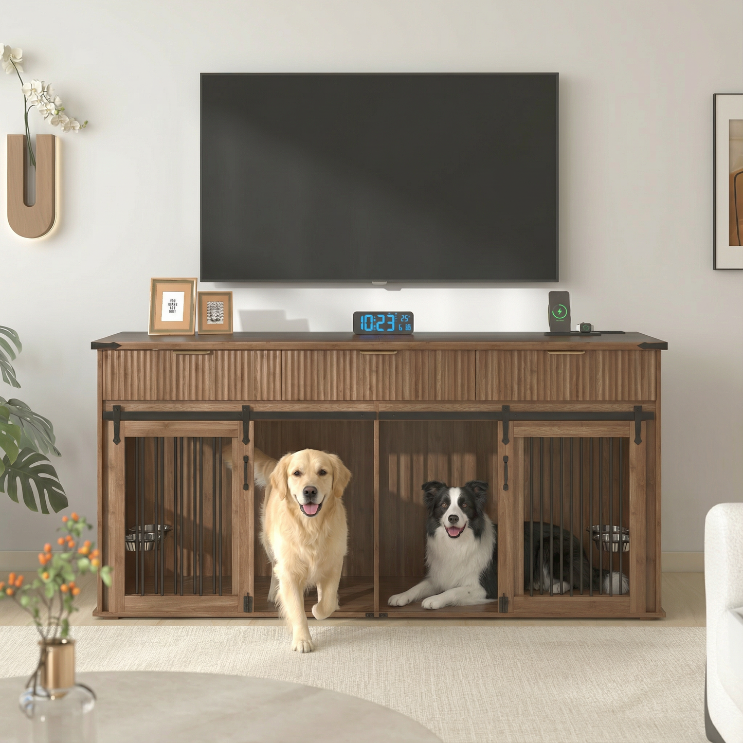71" Double Dog Crate Furniture with Fluted Drawers – Large Wooden Dog