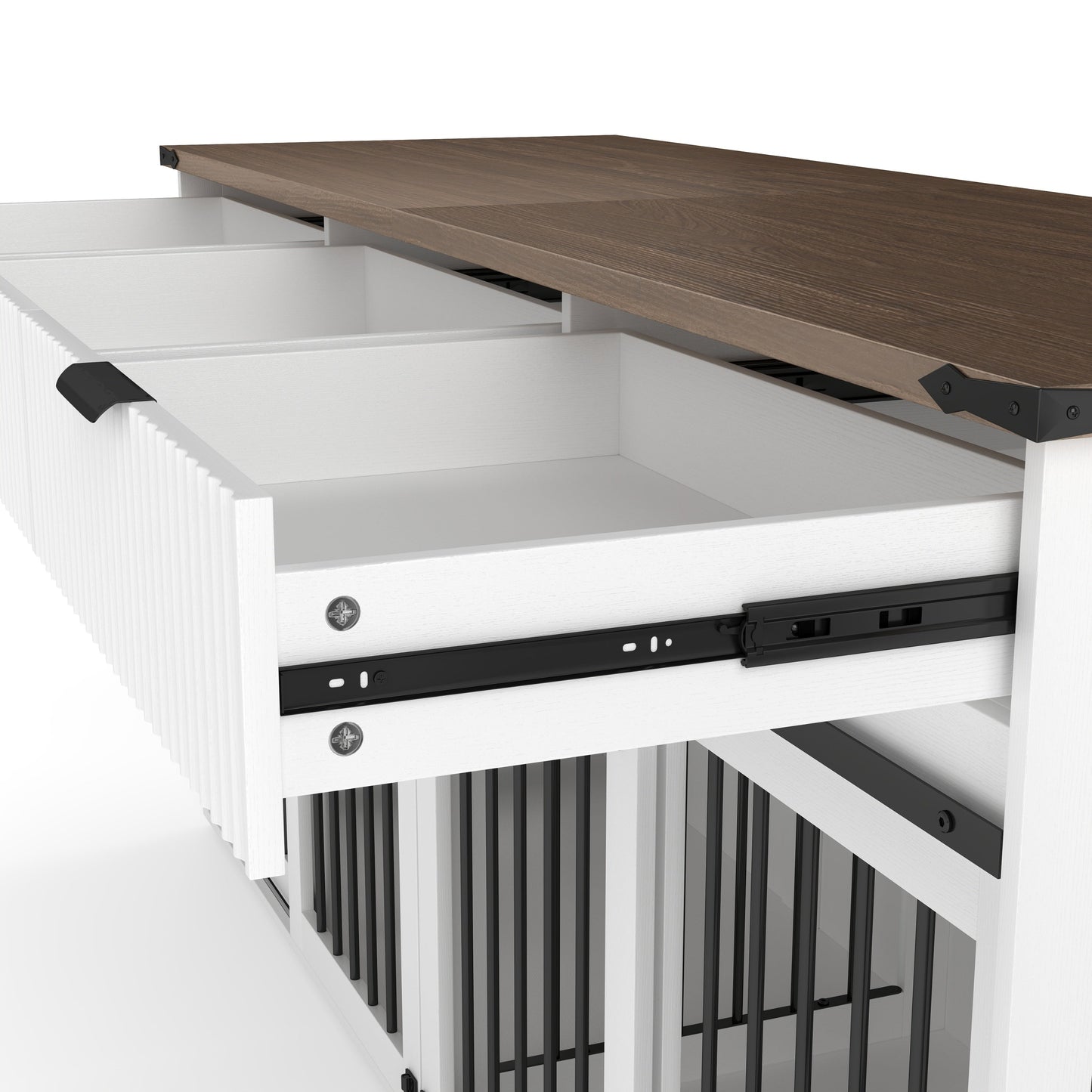 71" Double Dog Crate Furniture with Fluted Drawers – Large Wooden Dog