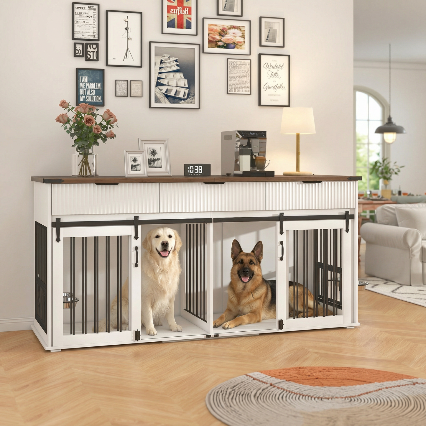 71" Double Dog Crate Furniture with Fluted Drawers – Large Wooden Dog