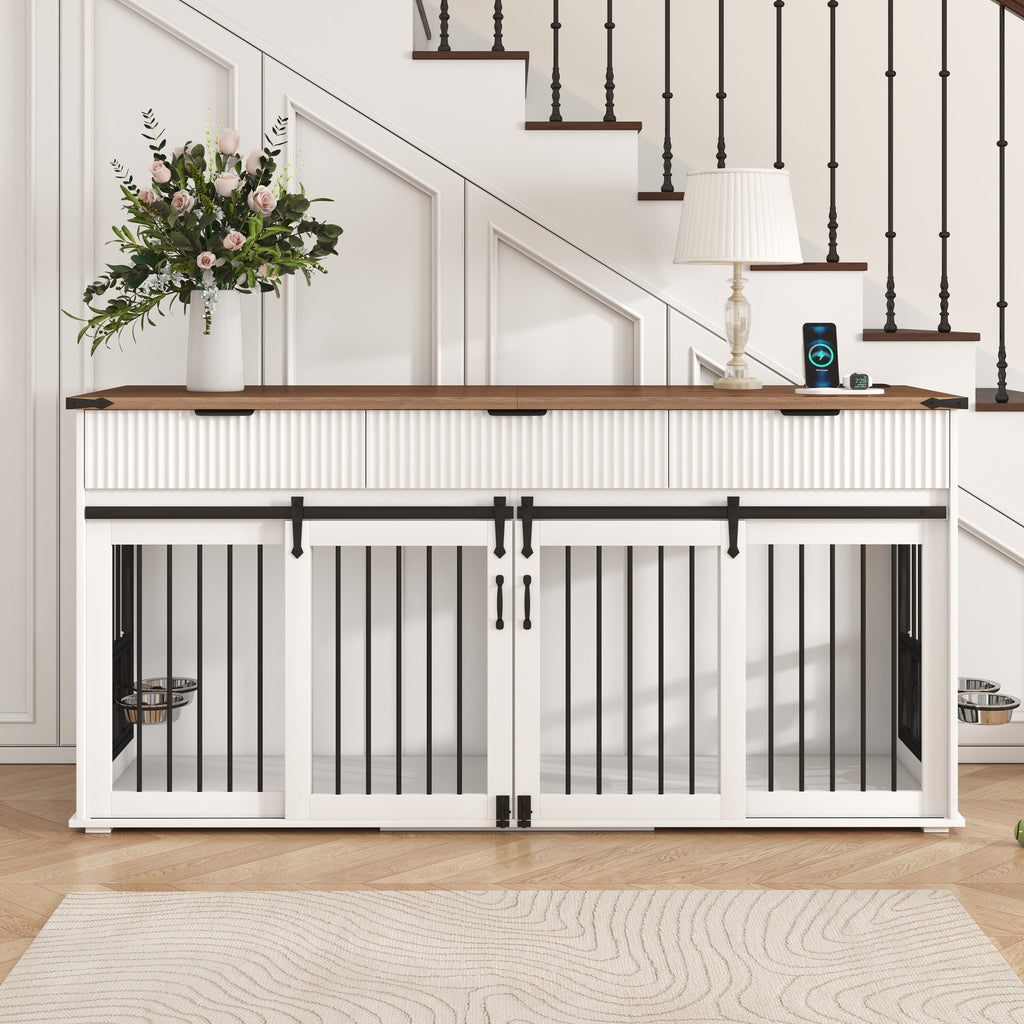 71" Double Dog Crate Furniture with Fluted Drawers – Large Wooden Dog