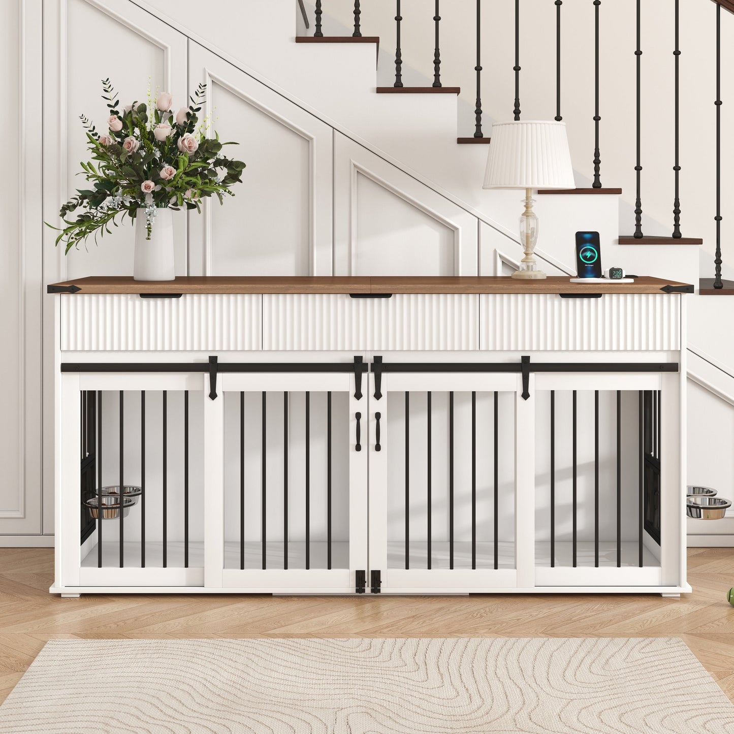 71" Double Dog Crate Furniture with Fluted Drawers – Large Wooden Dog