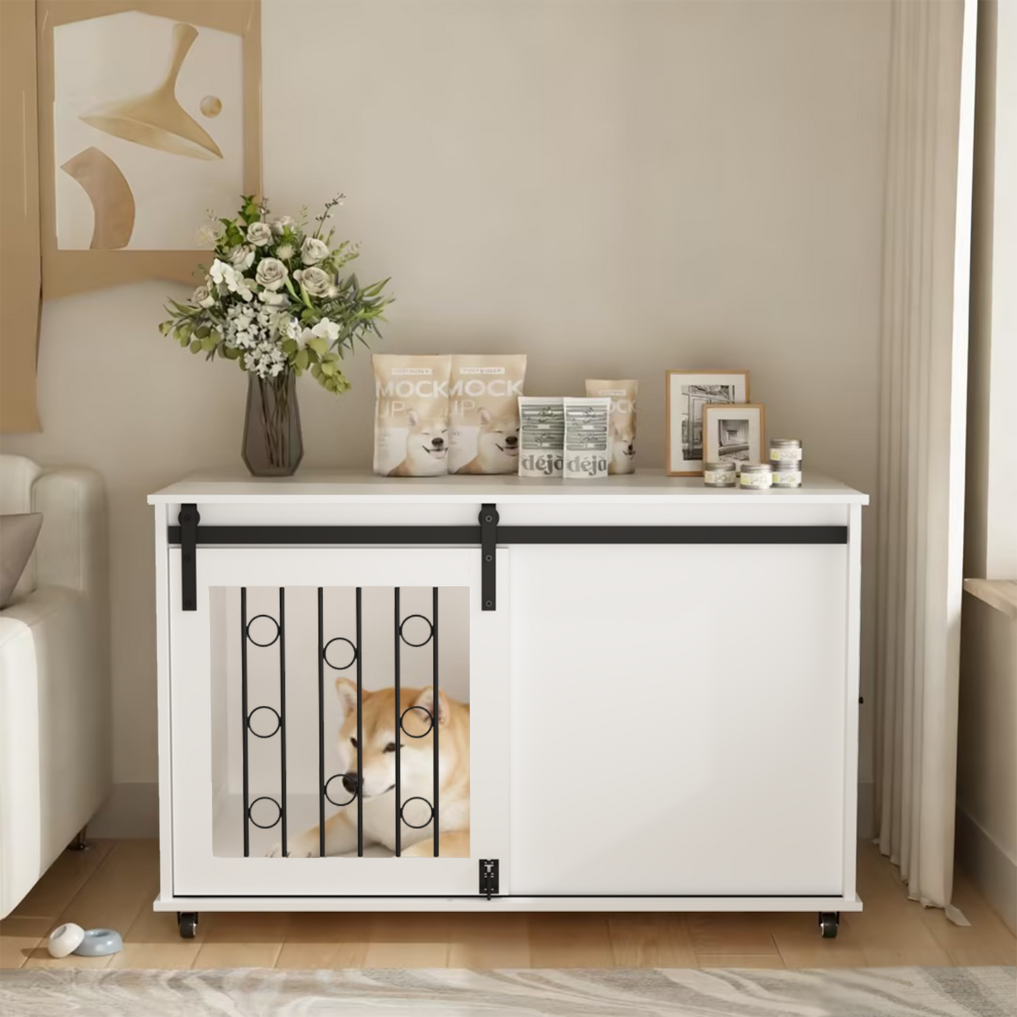 Modern Wooden Dog Crate Furniture with Sliding Barn Door – MDF Indoor