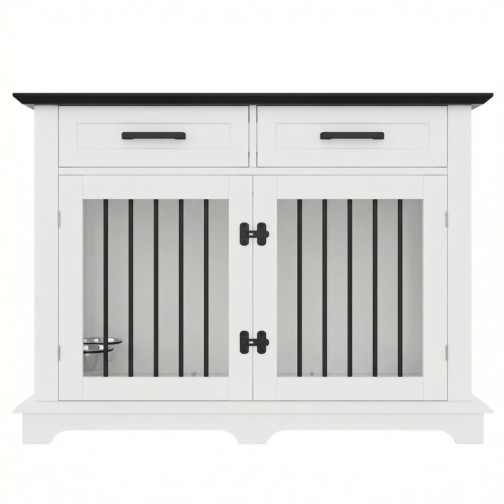 44.48" Wooden Dog Crate Furniture with Storage Drawers and Rotating