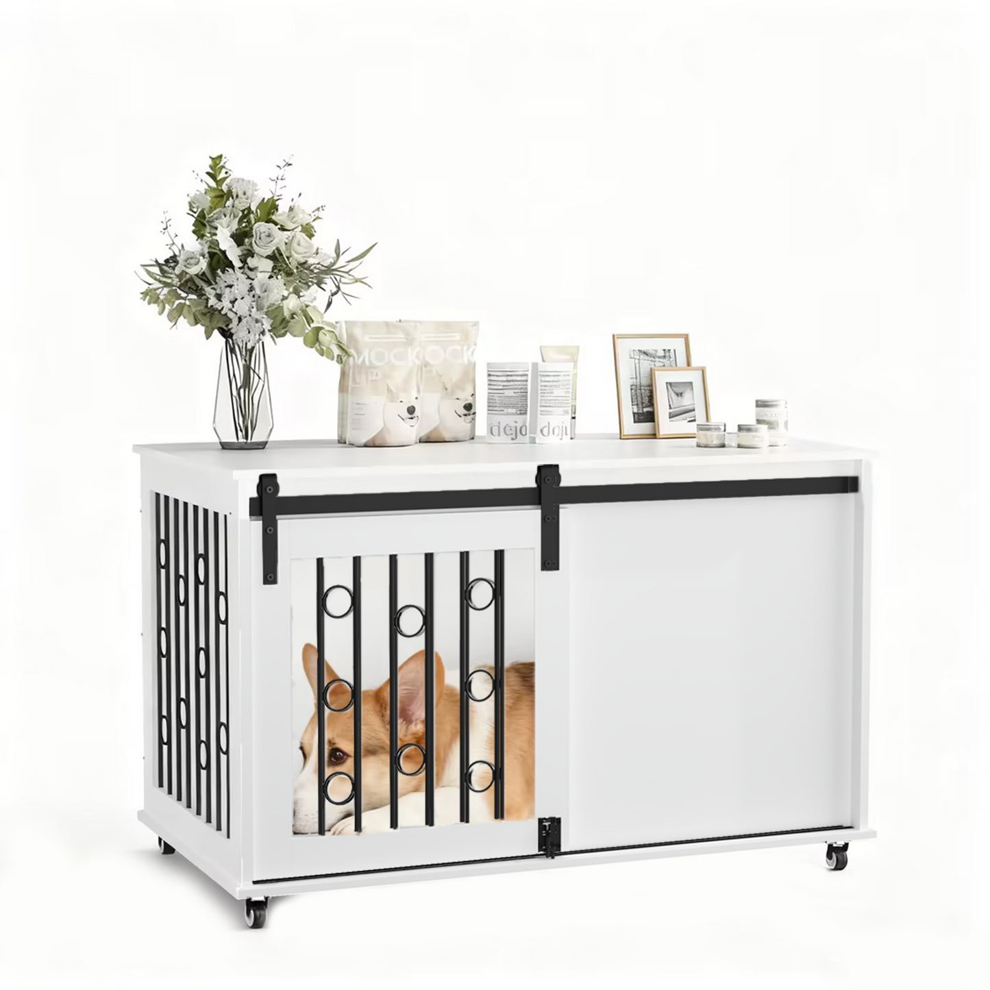 Modern Wooden Dog Crate Furniture with Sliding Barn Door – MDF Indoor