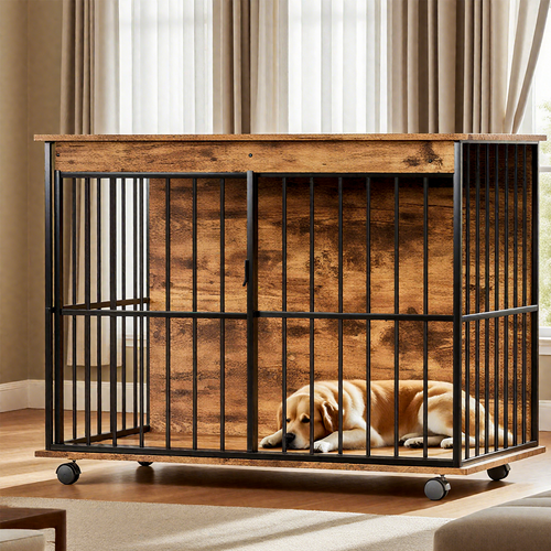 Large Wooden Dog Crate Furniture with Tray , Indoor Pet Kennel Side