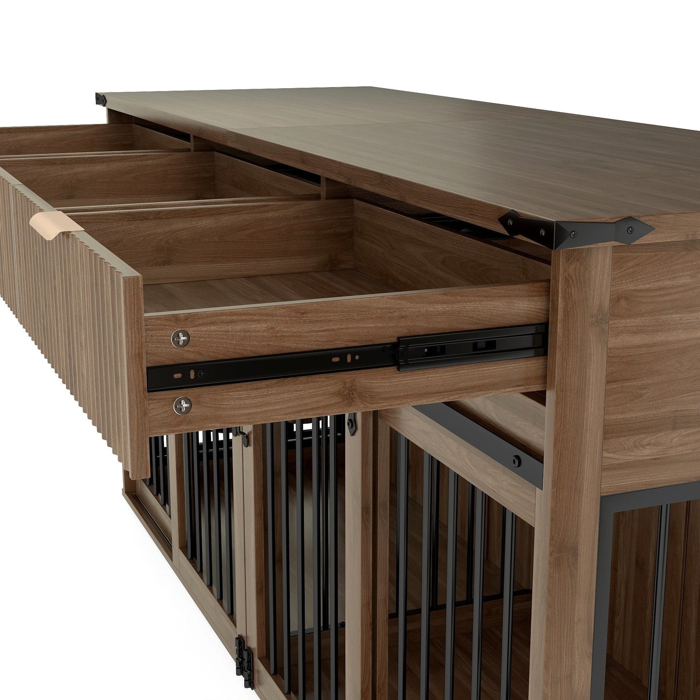 71" Double Dog Crate Furniture with Fluted Drawers – Large Wooden Dog