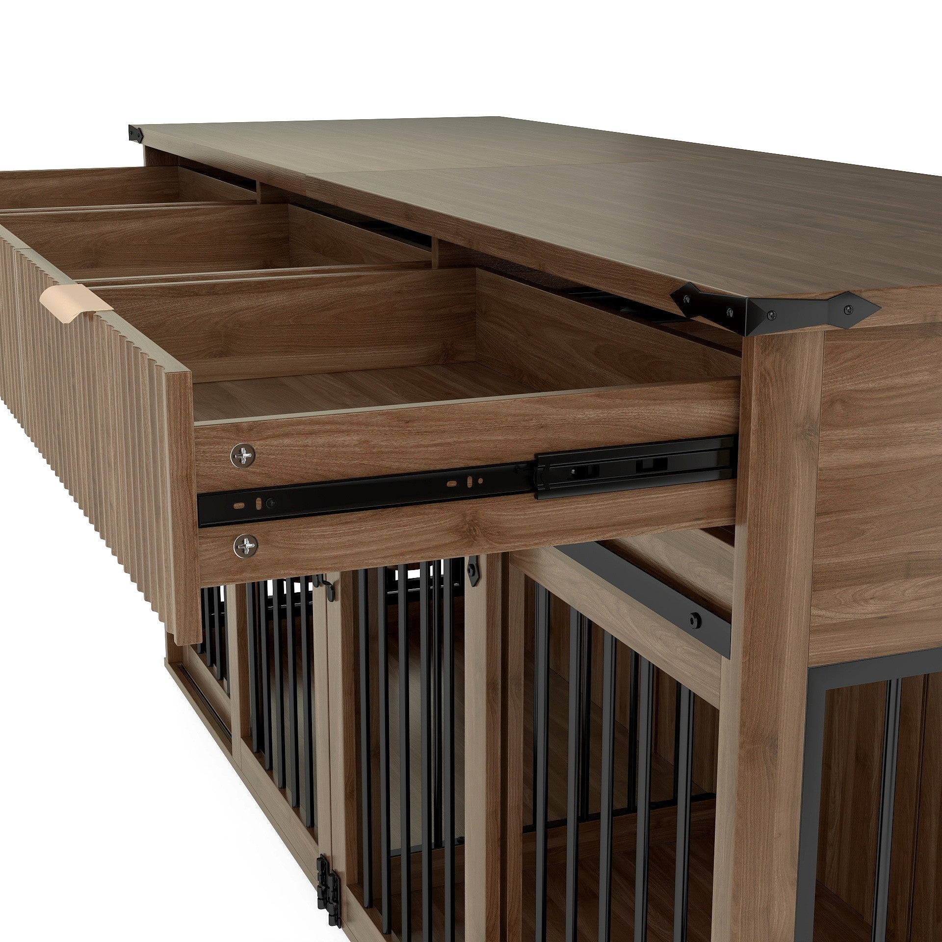 71" Double Dog Crate Furniture with Fluted Drawers – Large Wooden Dog