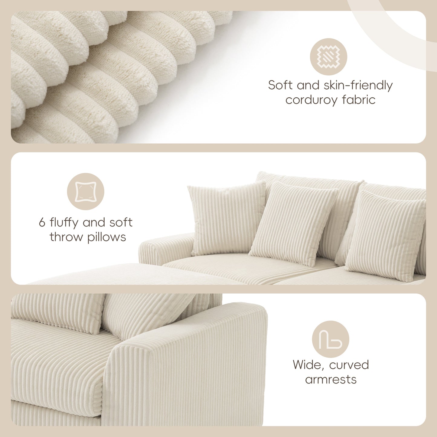 [VIDEO]141.5*64'' Corduroy Sectional Sofa with Bluetooth Speakers,