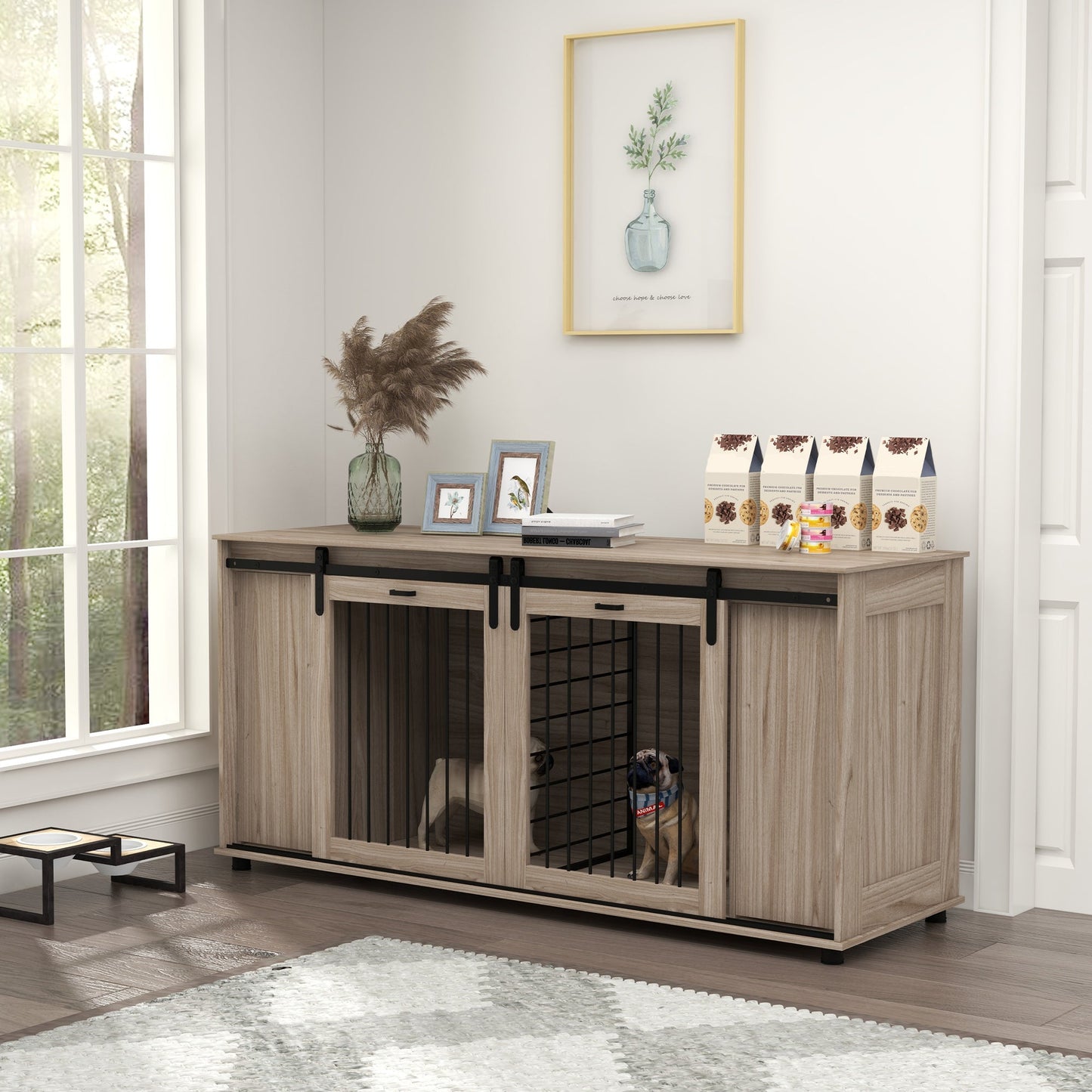 71" Modern Dog Kennel Furniture with Removable Divider, Storage for 2