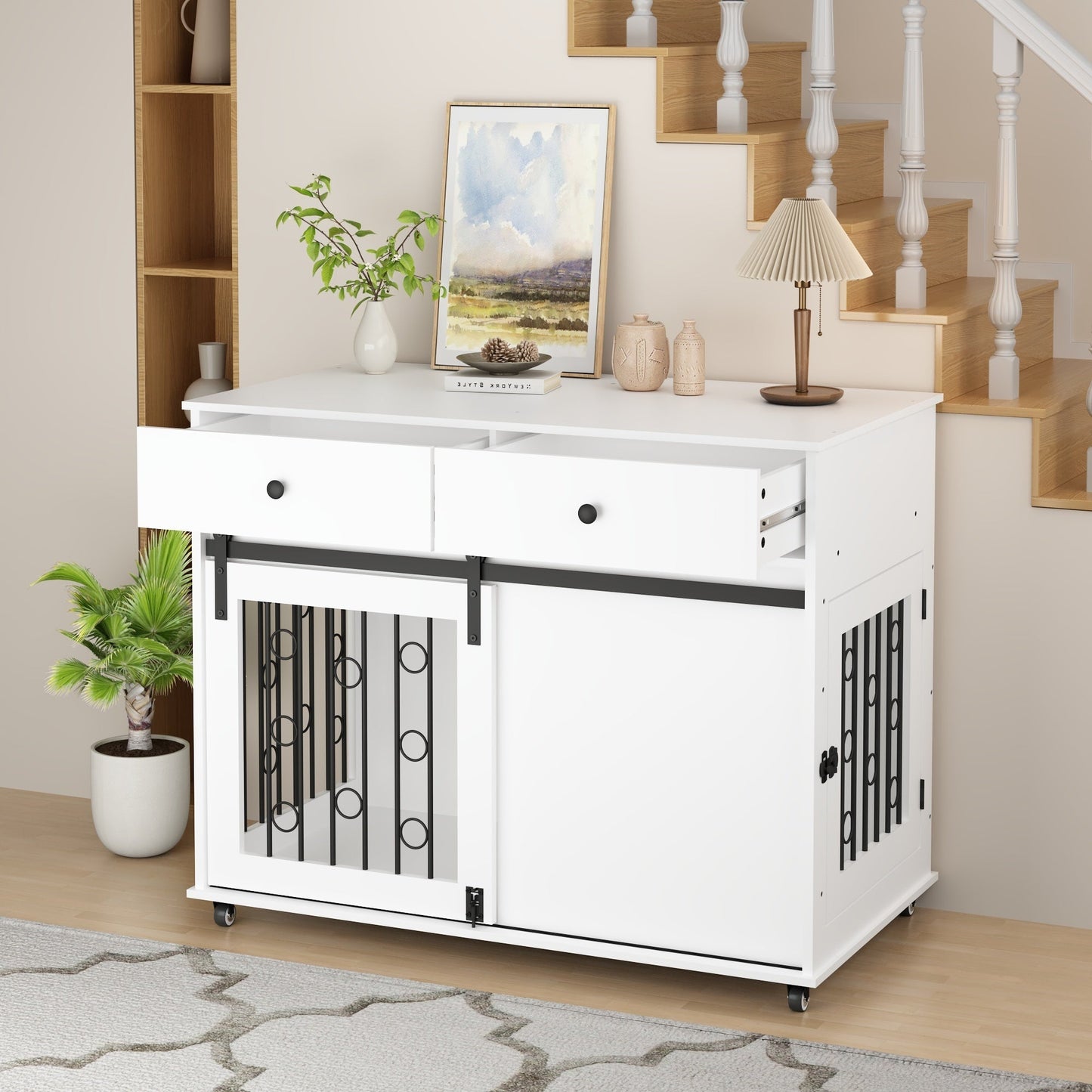 Modern Wooden Dog Crate Furniture with Sliding Barn Door – MDF Indoor