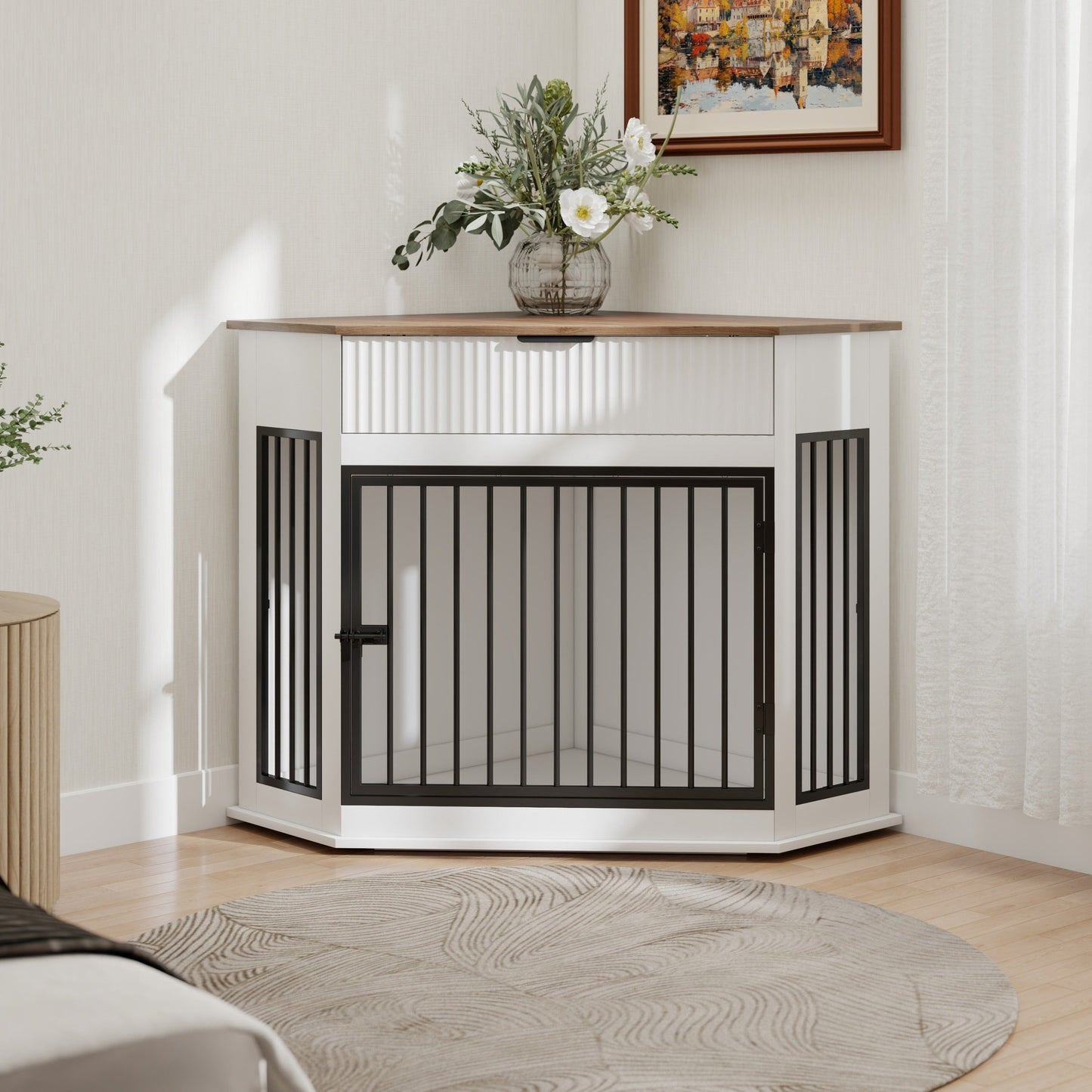 44.6" Corner Dog Crate Furniture with Fluted Drawer – MDF Wooden Dog