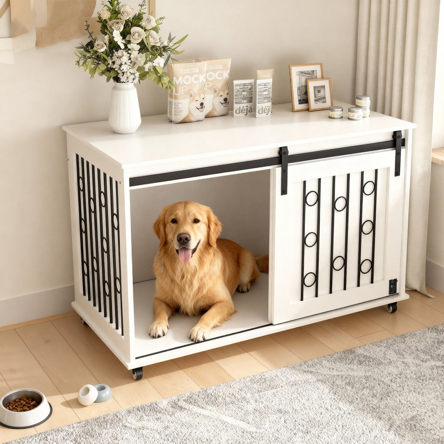 Modern Wooden Dog Crate Furniture with Sliding Barn Door – MDF Indoor