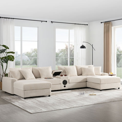 [VIDEO]141.5*64'' Corduroy Sectional Sofa with Bluetooth Speakers,