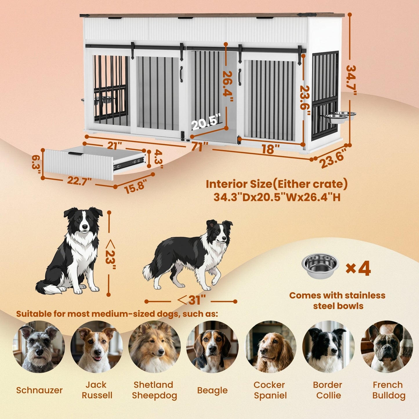 71" Double Dog Crate Furniture with Fluted Drawers – Large Wooden Dog
