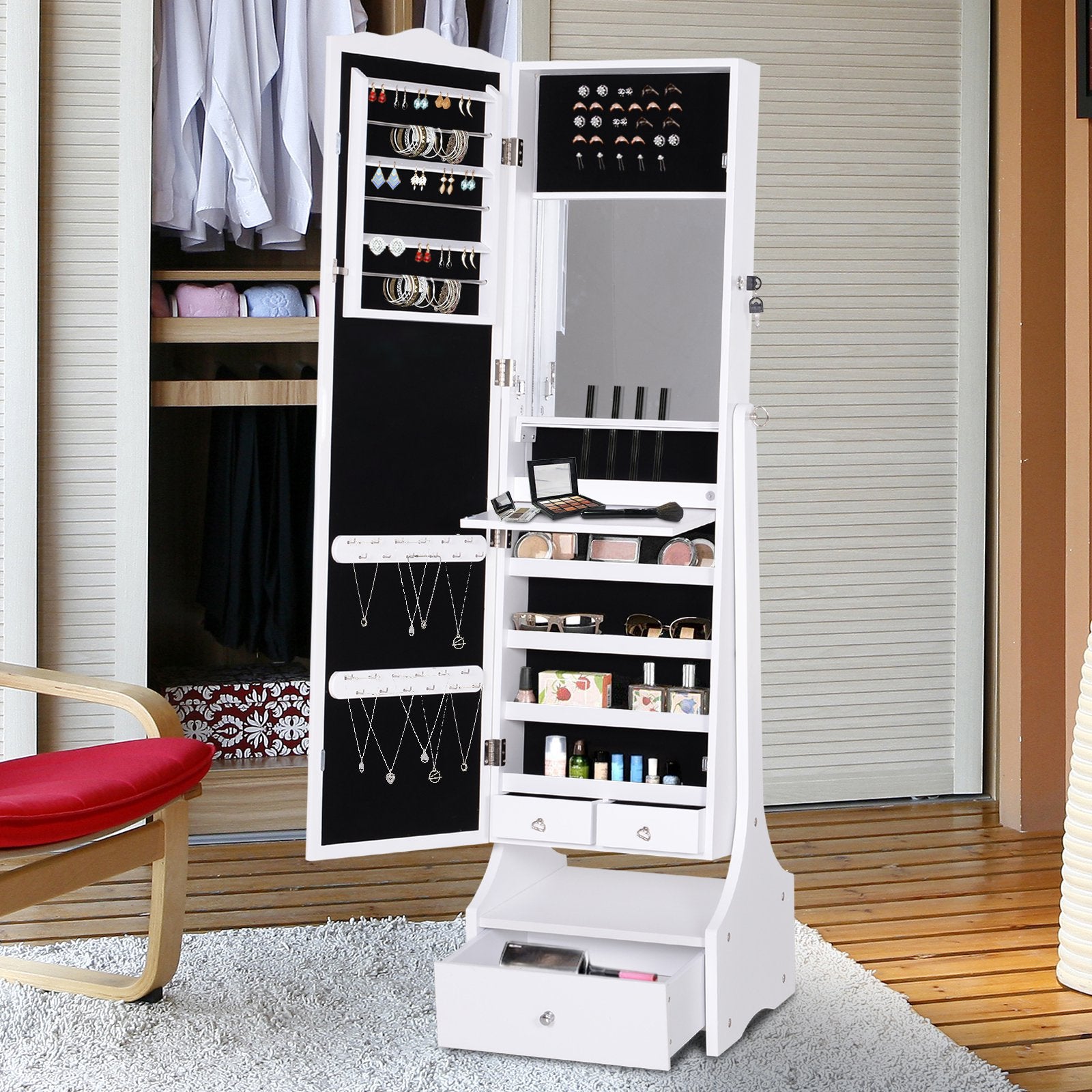 HOMCOM LED Full Length Mirrored Jewelry Cabinet Standing Organizer
