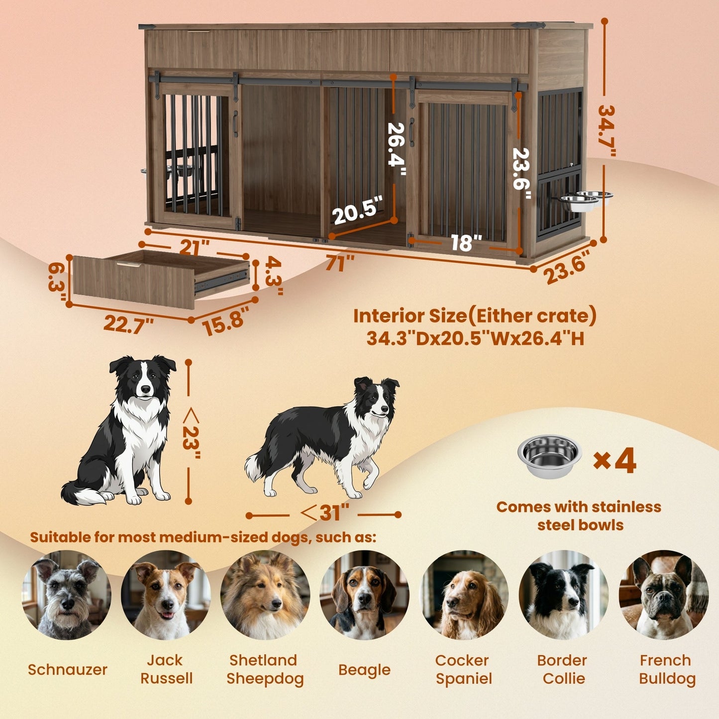 71" Double Dog Crate Furniture with Fluted Drawers – Large Wooden Dog