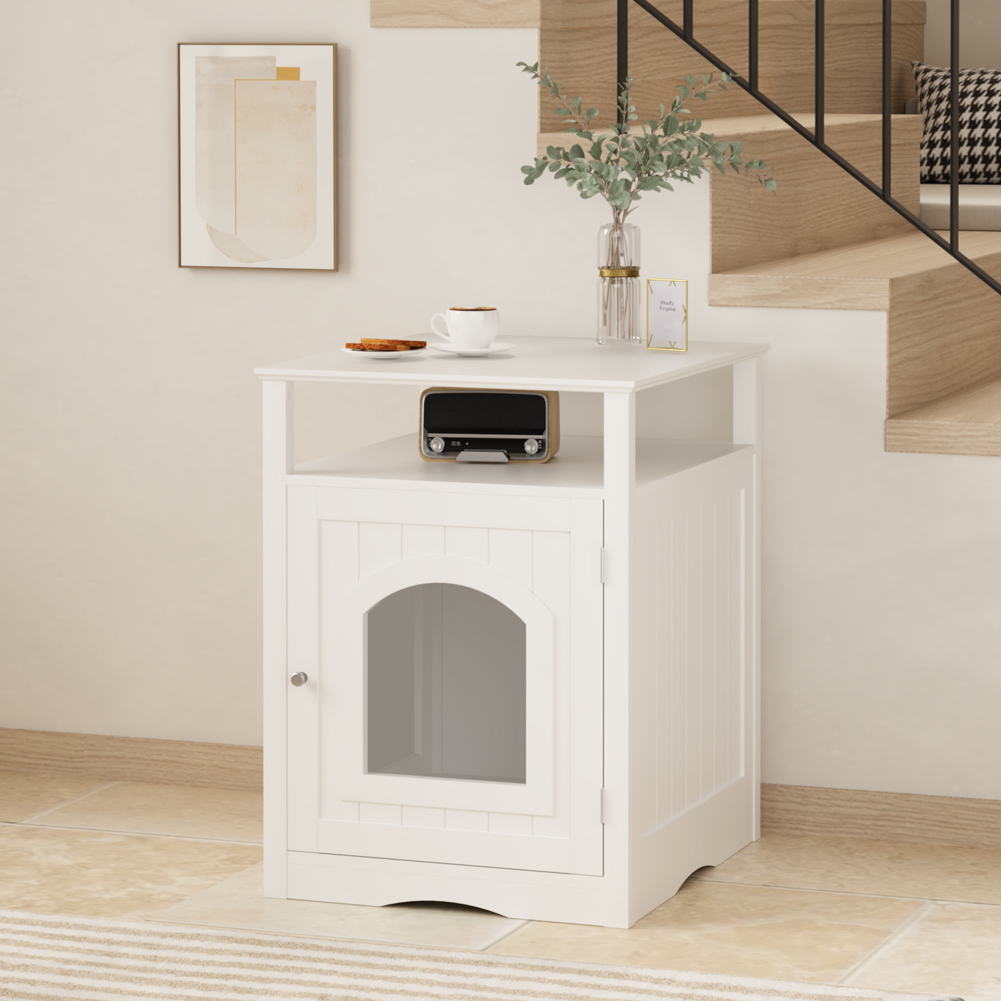 Modern Cat Litter Box Enclosure Furniture – White Wooden Hidden Cat