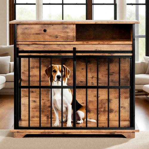 Modern Wooden Dog Crate Furniture with Tray, Large Indoor Pet Kennel