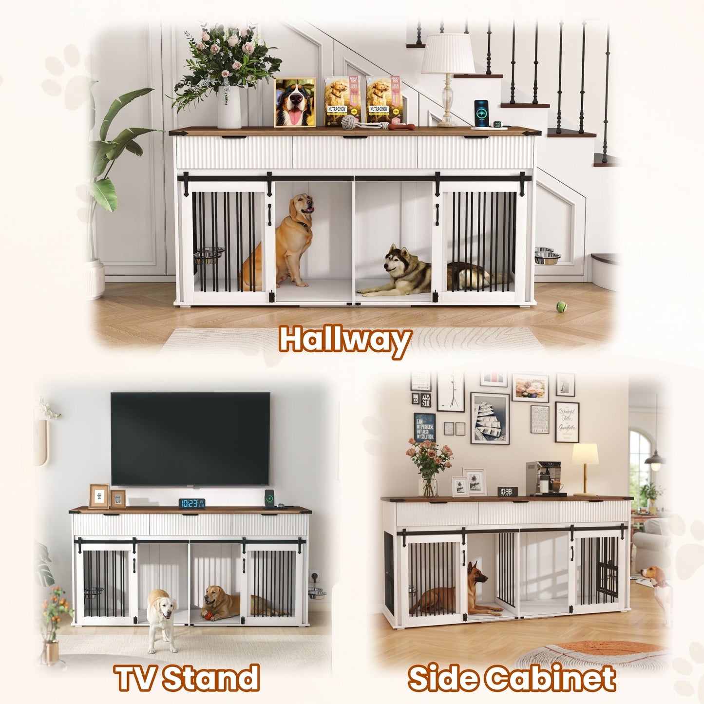 71" Double Dog Crate Furniture with Fluted Drawers – Large Wooden Dog