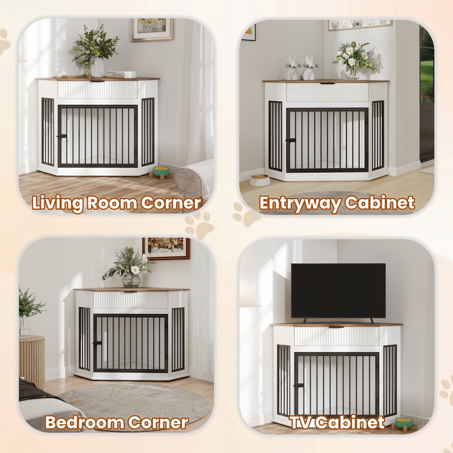 44.6" Corner Dog Crate Furniture with Fluted Drawer – MDF Wooden Dog