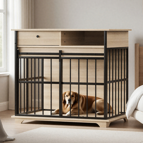 Modern Wooden Dog Crate Furniture with Tray, Large Indoor Pet Kennel