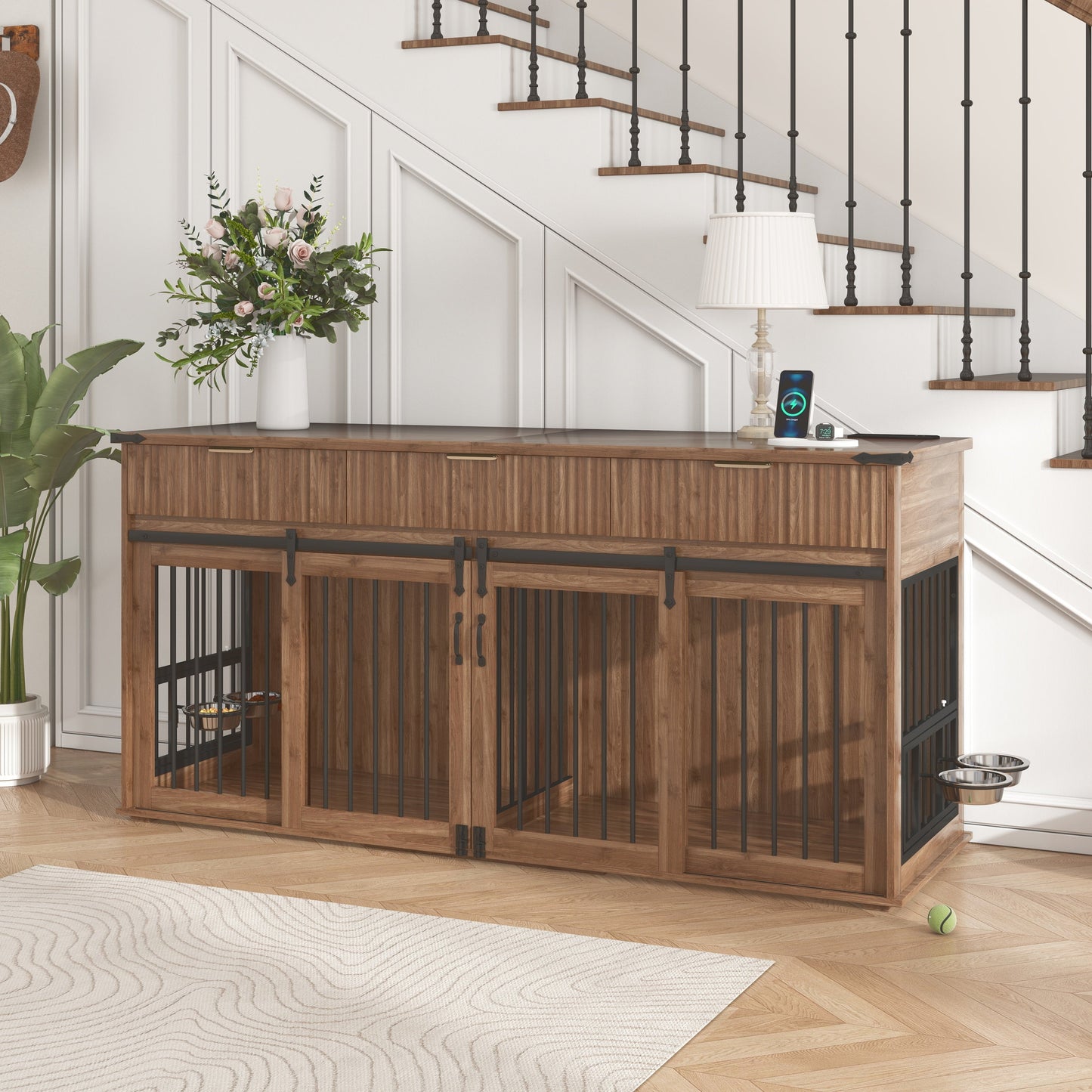 71" Double Dog Crate Furniture with Fluted Drawers – Large Wooden Dog