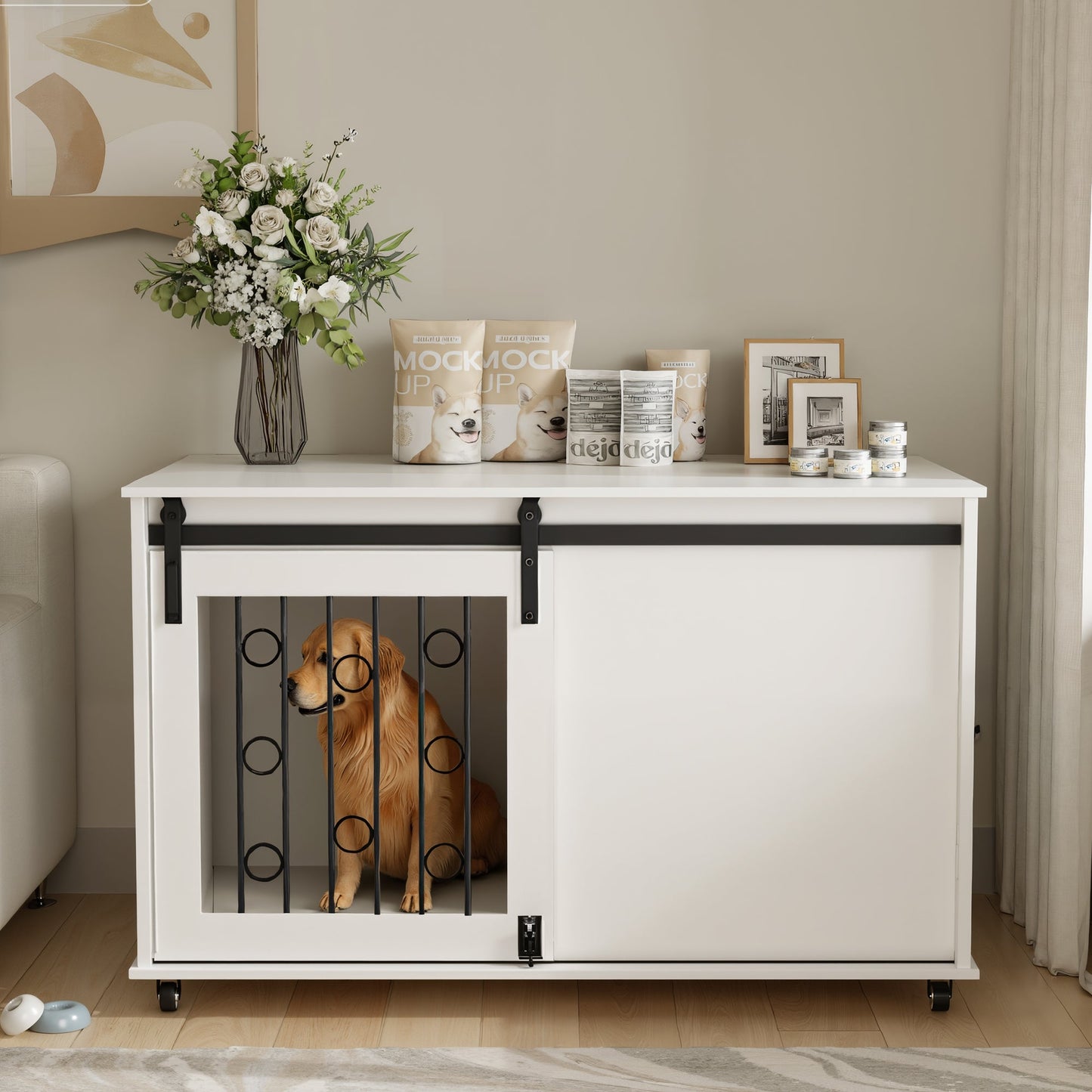 Modern Wooden Dog Crate Furniture with Sliding Barn Door – MDF Indoor