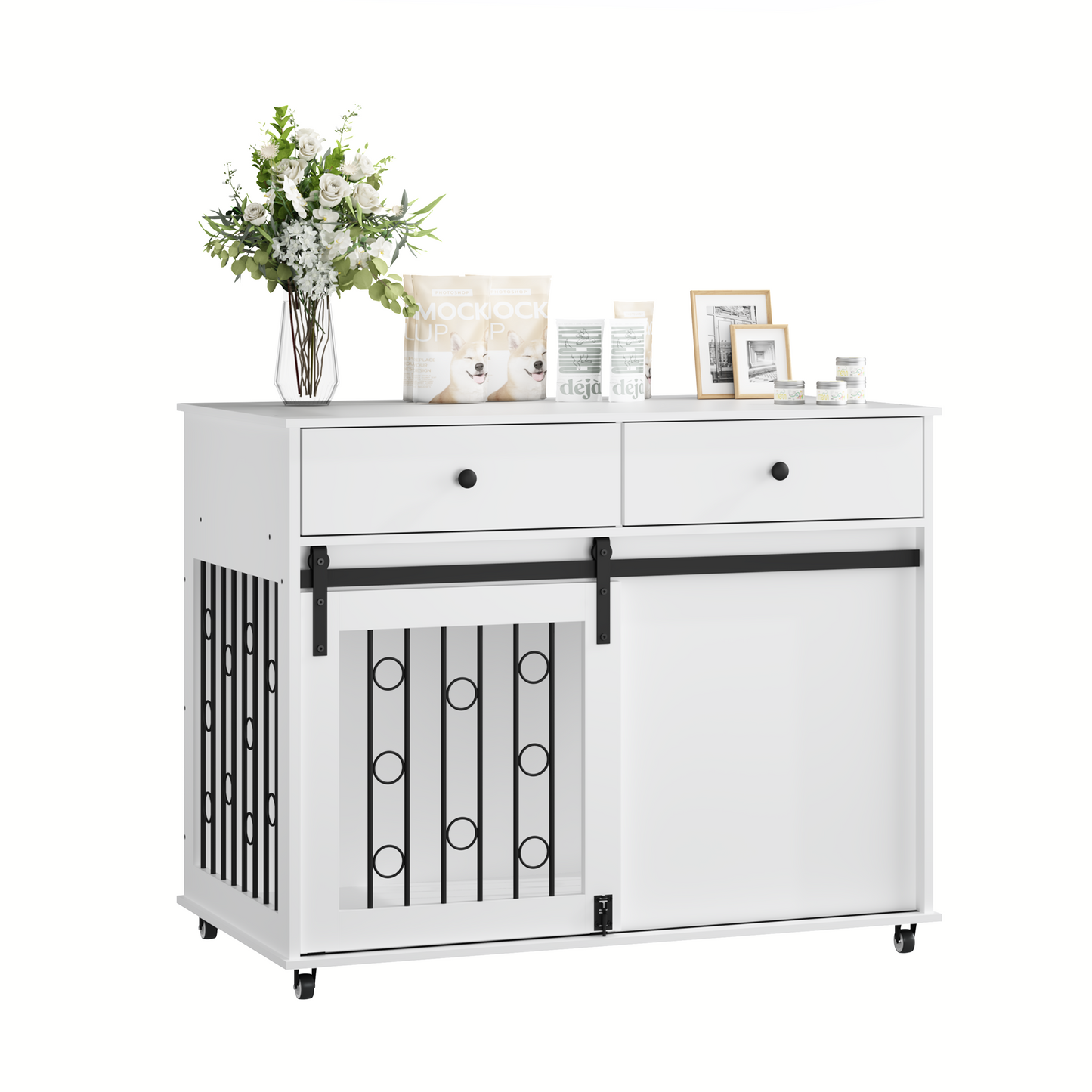 Modern Wooden Dog Crate Furniture with Sliding Barn Door – MDF Indoor