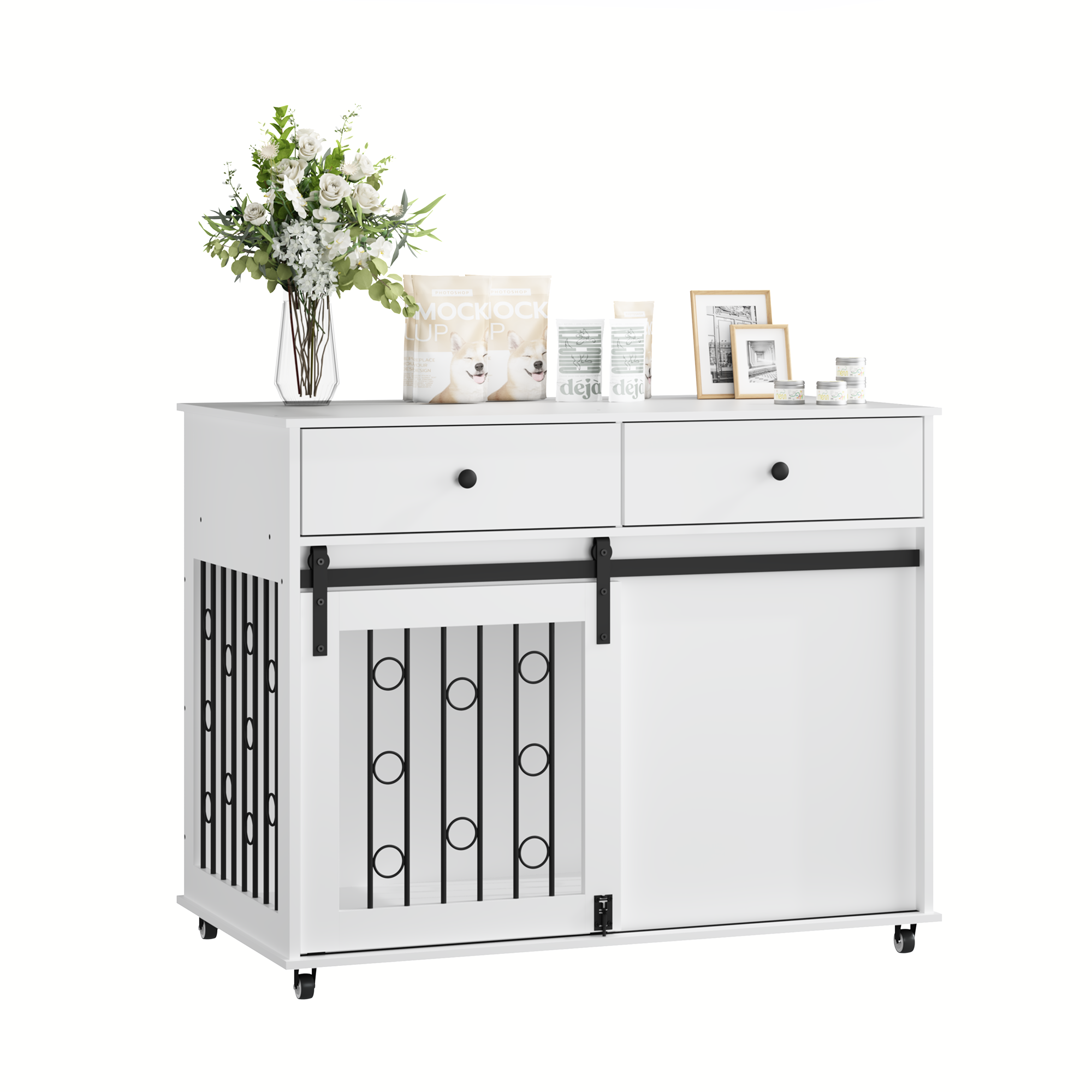 Modern Wooden Dog Crate Furniture with Sliding Barn Door – MDF Indoor
