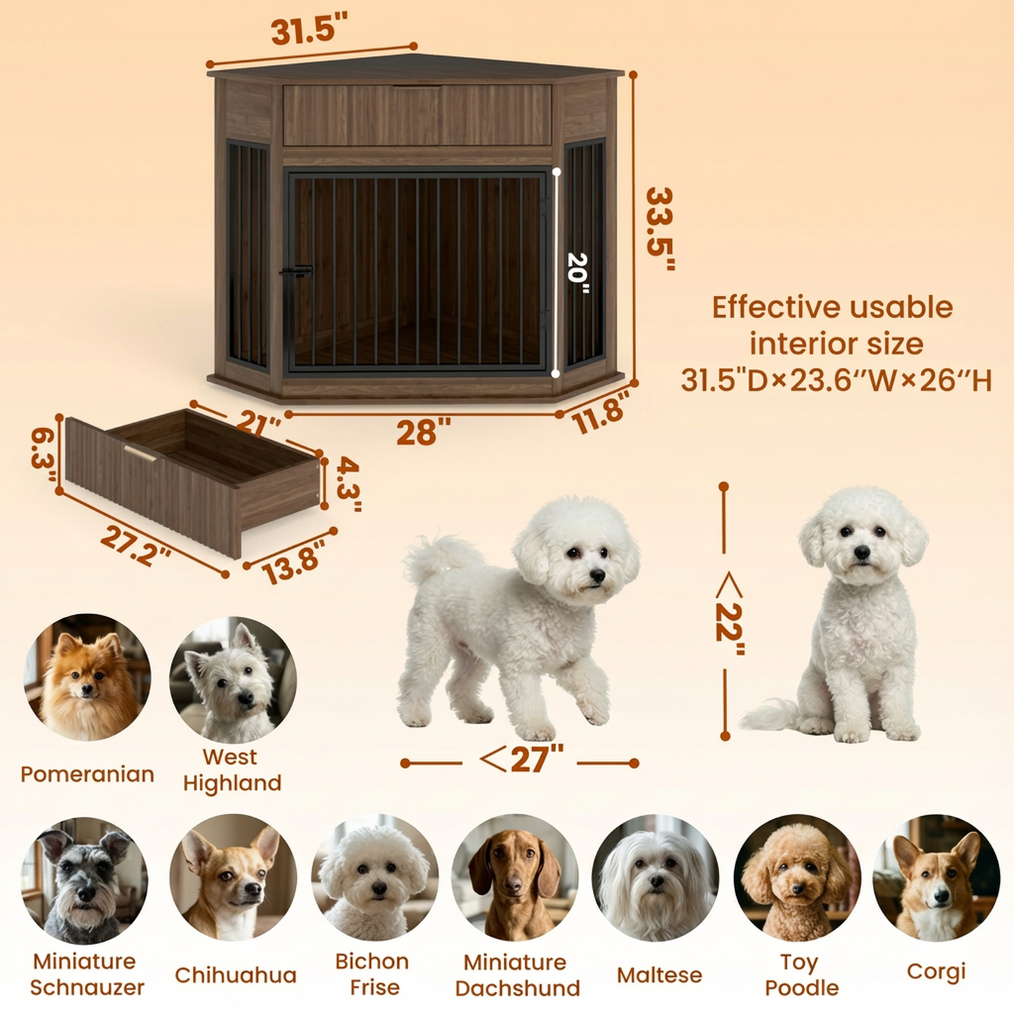 44.6" Corner Dog Crate Furniture with Fluted Drawer – MDF Wooden Dog