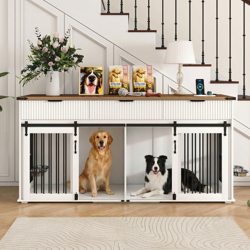71" Double Dog Crate Furniture with Fluted Drawers – Large Wooden Dog