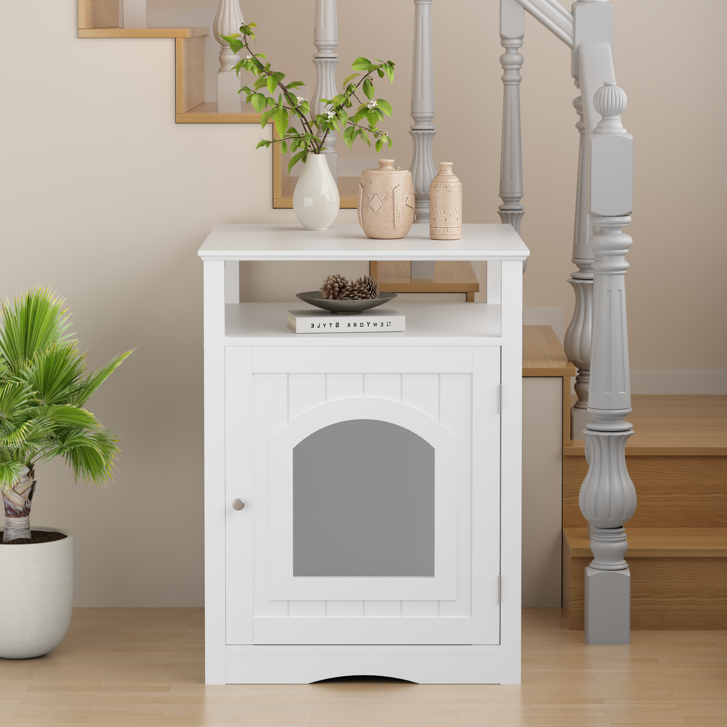 Modern Cat Litter Box Enclosure Furniture – White Wooden Hidden Cat