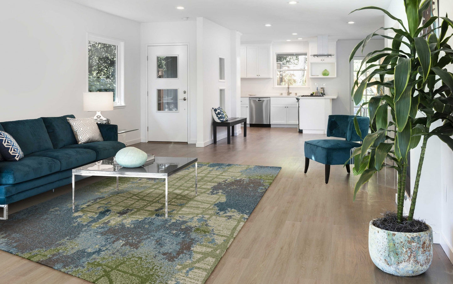 5inchesx8inches Green Blue Machine Woven Abstract Indoor Area Rug