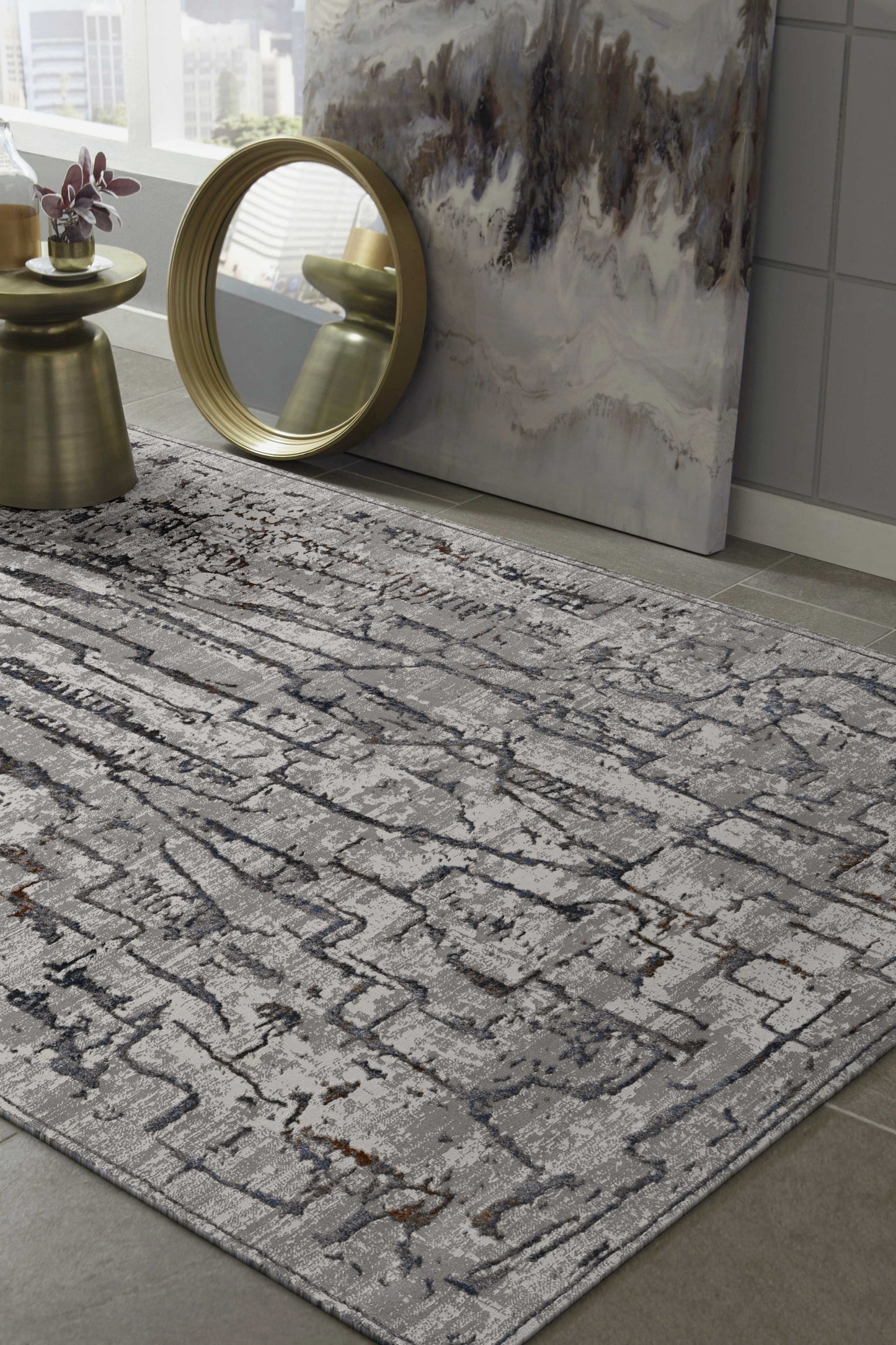 5inchesx8inches Grey Machine Woven Abstract  Indoor Area Rug