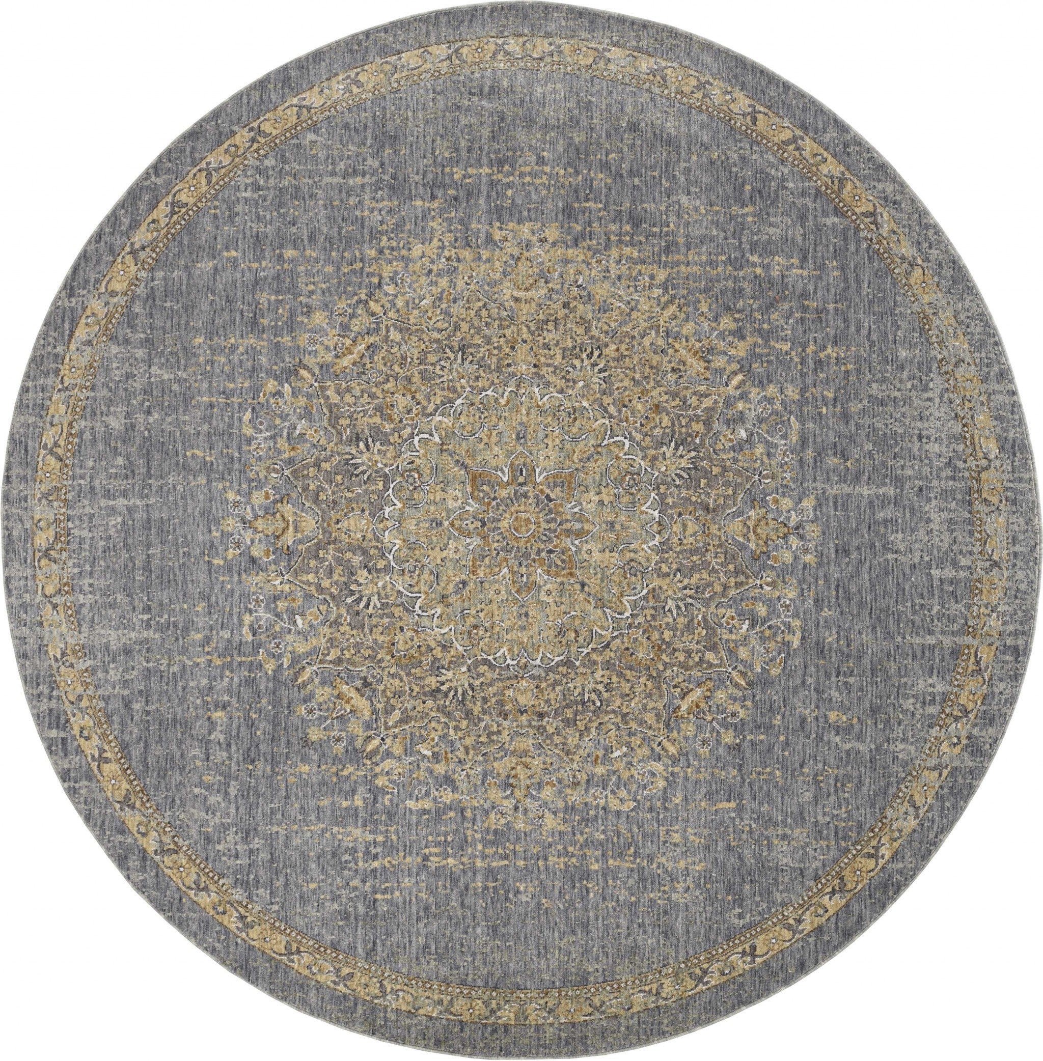 3inches x 5inches Slate Grey Medallion Bordered Wool Indoor Area Rug