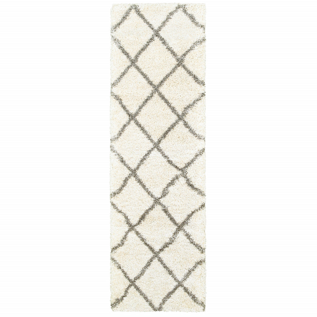 2inches x 8inches Ivory and Gray Geometric Lattice Runner Rug
