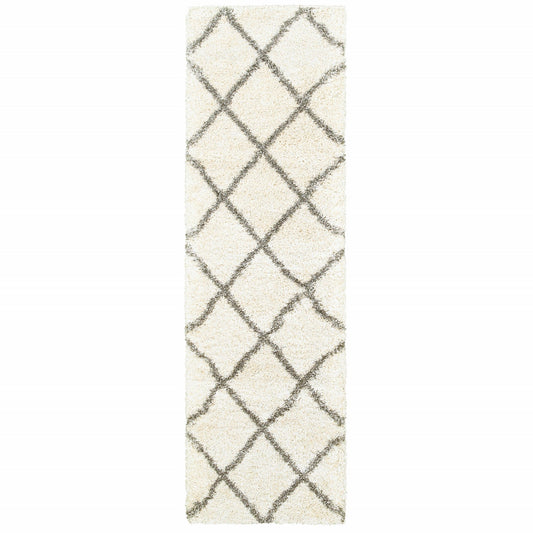 2inches x 8inches Ivory and Gray Geometric Lattice Runner Rug