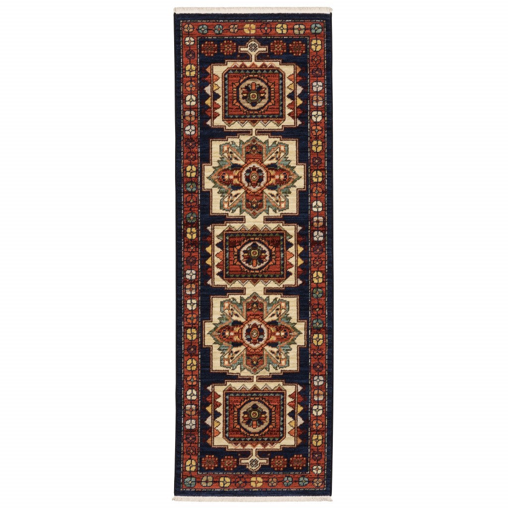 12inches Blue Red Machine Woven Medallions Indoor Runner Rug